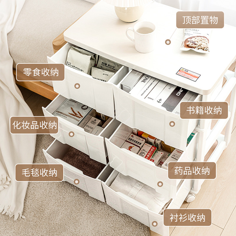 爱丽思丝储物柜子家用抽屉式收纳柜塑料带滑轮客厅卧室床头五斗柜