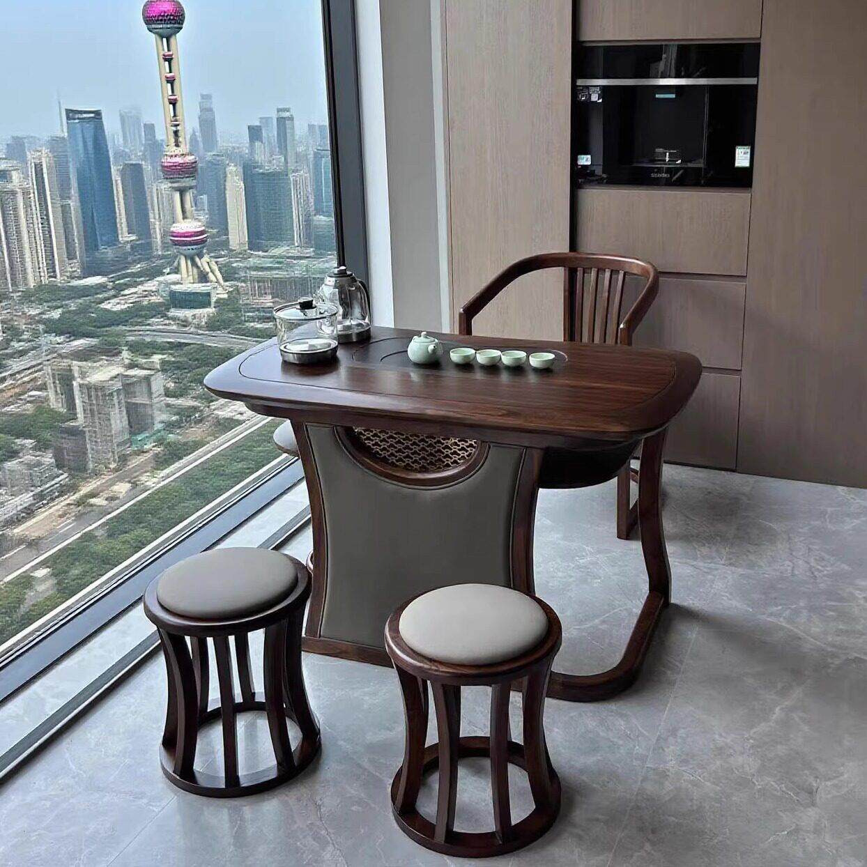 新中式新款阳台茶桌椅组合客厅家用黑胡桃木泡茶桌简约办公室茶台