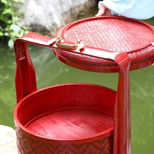 精选竹编篮子手工编织结婚挑担婚庆喜事篮聘礼篮食盒带扁担红色双