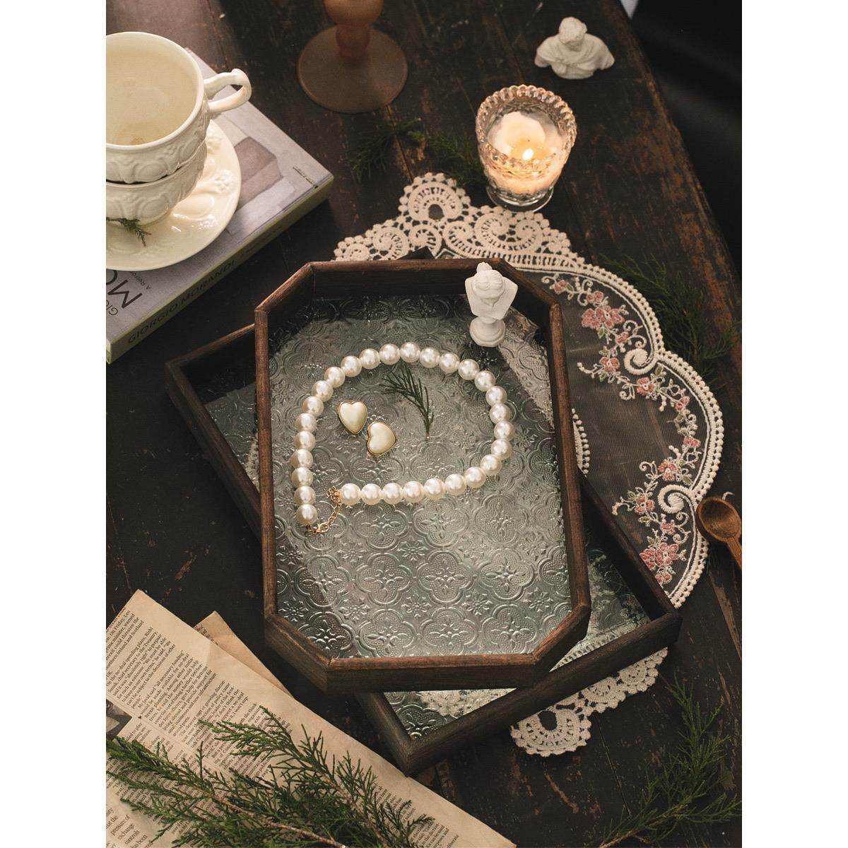 中古风海棠花浮雕玻璃托盘 收纳盘 装饰盘 水果点心盘 茶水托道具