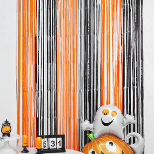 速发圣节黑色橘色双色雨丝帘彩条带背墙彩景装饰雨丝门帘氛围装饰