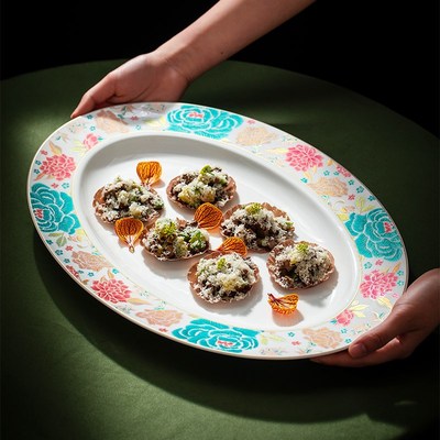 速发中式华饮刺绣高档宽边餐盘冷菜用具酒店鱼丽餐厅创意花卉点心