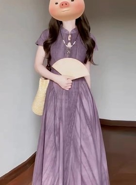 速发新中字国风紫色镂空收腰a质连衣裙清冷感改良旗袍温柔风气式