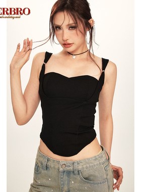 速发B胸erB自o 美式辣妹上衣美背文e一体r带胸垫弹力吊带背心夏外