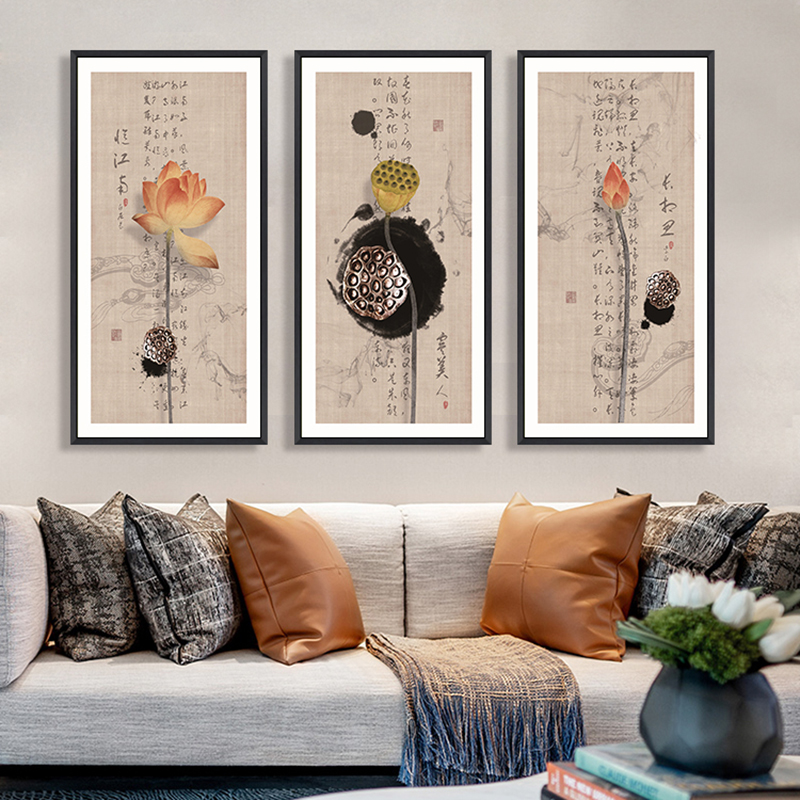 现货速发新中式荷花装饰画客厅沙发背景墙水墨莲蓬挂画禅意玄关壁图片