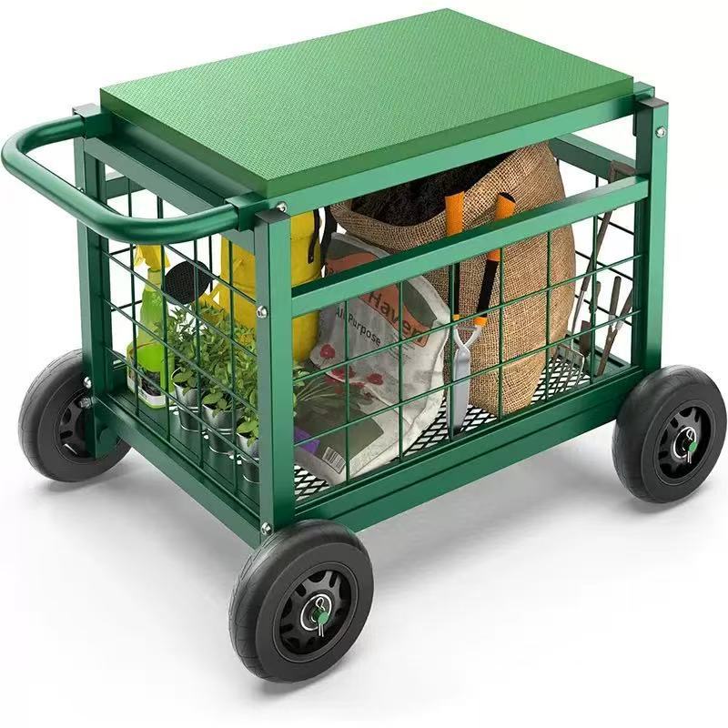花园推车有工作座椅带轮子花园工具车园丁花园手推车