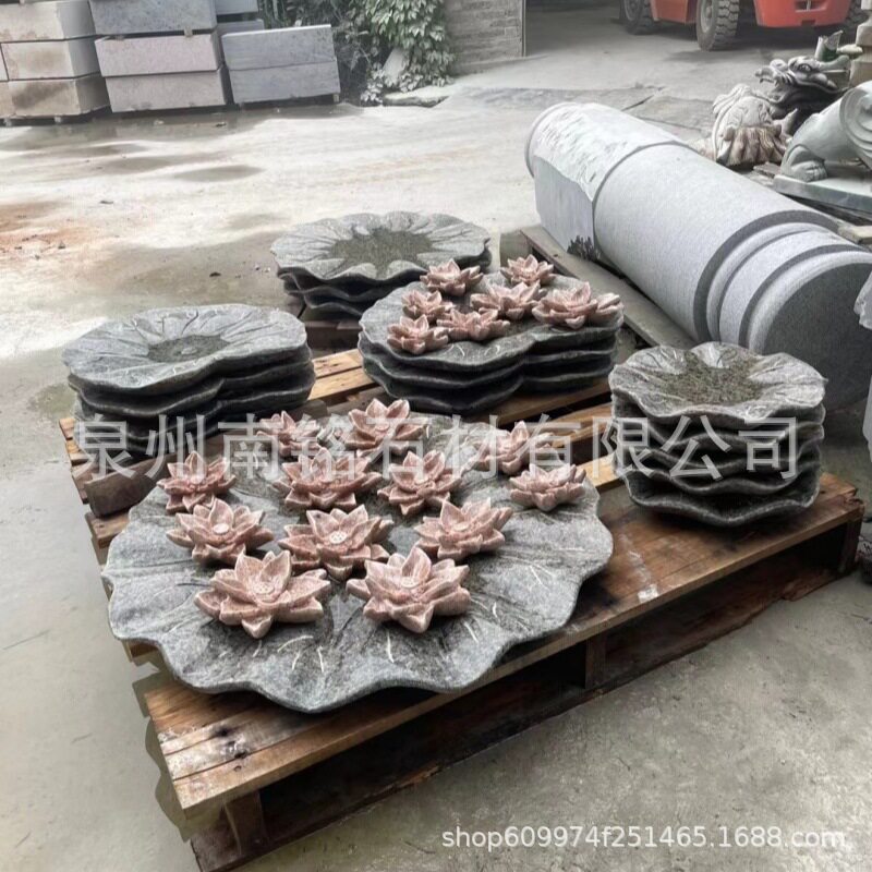 芝麻灰枫叶红莲花花岗岩石雕出水荷叶放生池池塘景观植物摆件摆设