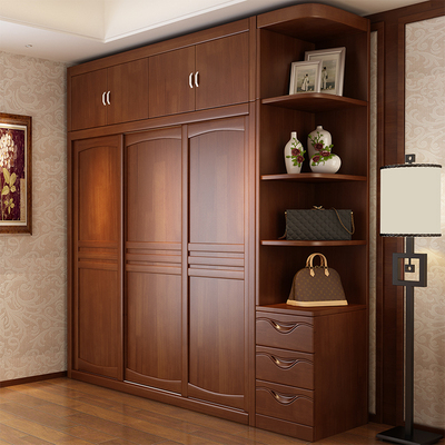批中式全实木衣柜大容量 整体原木推拉门柜子 卧室家用四门橡木衣