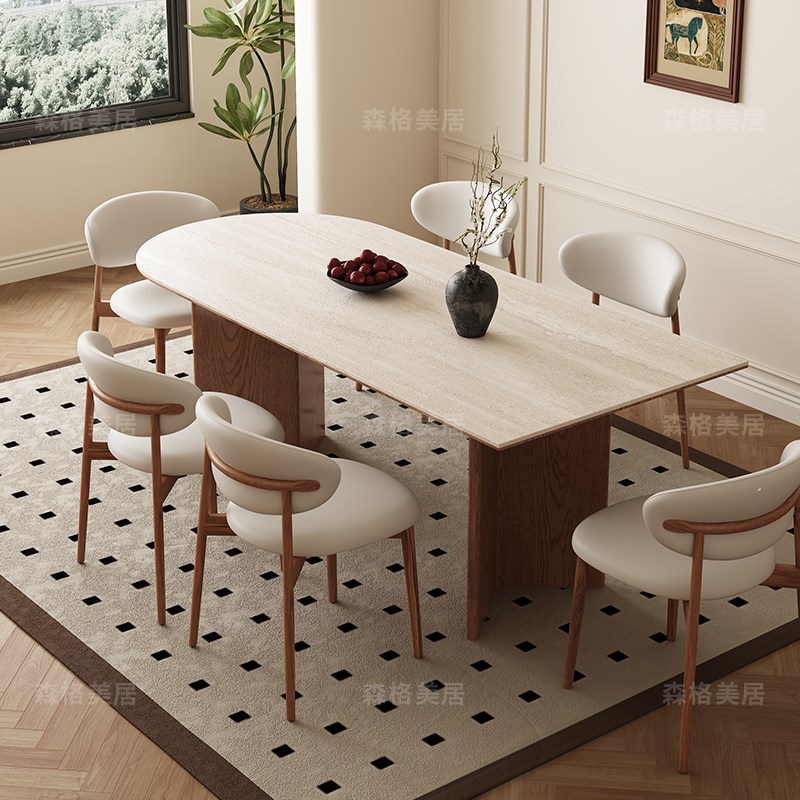 德利丰岩板洞石法式餐桌家用小户型轻奢奶油半圆长方形实木餐桌子
