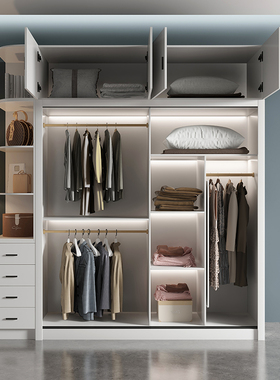 白色衣柜家用卧室现代简约经济型推拉门大衣O柜子滑移门玻璃门衣