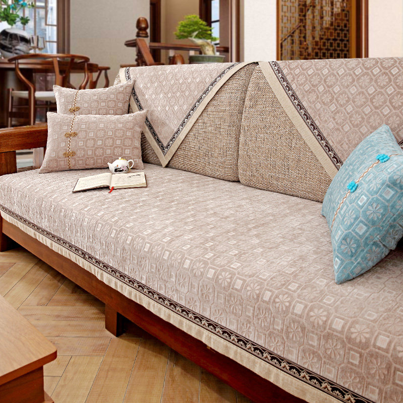 新中式沙发垫四季通用高档防滑实木现代中式坐垫子靠背巾盖布套罩