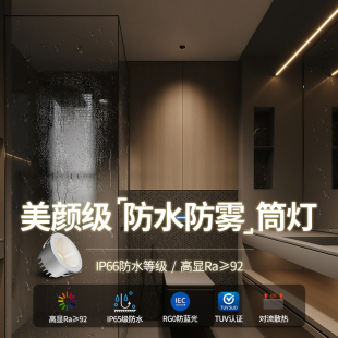 卫生间防水防雾筒灯嵌入式75mm浴室厨房淋浴间专用IP65等级防眩灯