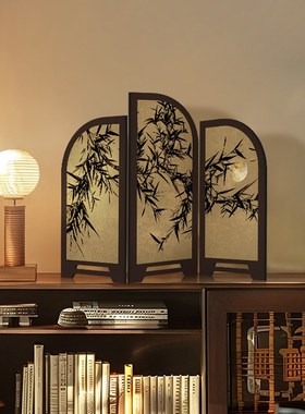 中古风桌面小屏风摆件高级感小众客厅电视柜家居装饰入户玄关摆画