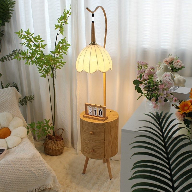 奶油原木风卧室置物架落地灯沙发边几茶几床头柜一体客厅装饰台灯