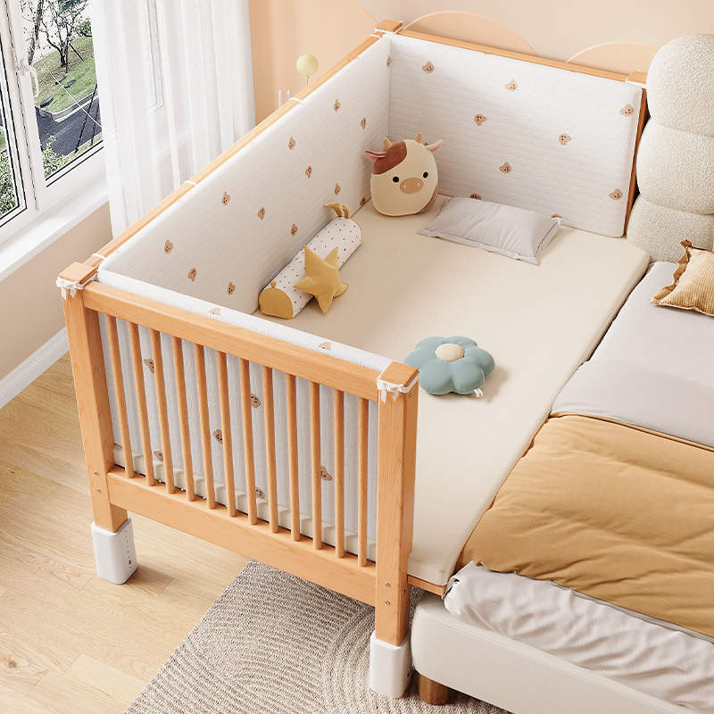 儿童床拼接床婴儿实木床边加宽床大人可睡定制可R调升降围栏榉木