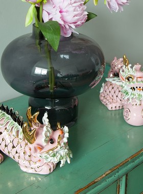 新中式美学招财吉祥精致s粉色手工陶瓷小麒麟中古可爱装饰摆件一