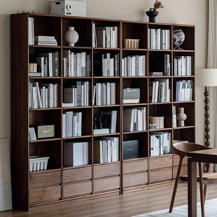 北美黑胡桃木书柜组合简约书房家具北欧实木樱桃木开放格满墙书架