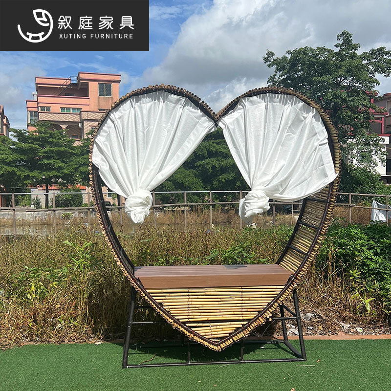 户外网红民宿打卡心形竹编沙发家具室外花园海边别墅防水防晒躺床