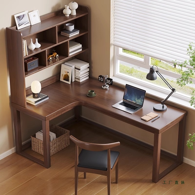 实木转角书桌书架一体桌L型电脑桌卧室拐角靠墙学习桌7字型