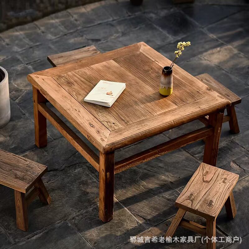 榆木八仙桌实木正方形中式方桌餐桌商用餐馆老式桌子饭店桌椅组合