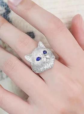 个性原创2022联名人间小甜喵艺术品超写实镀金蓝宝戒指好友礼物