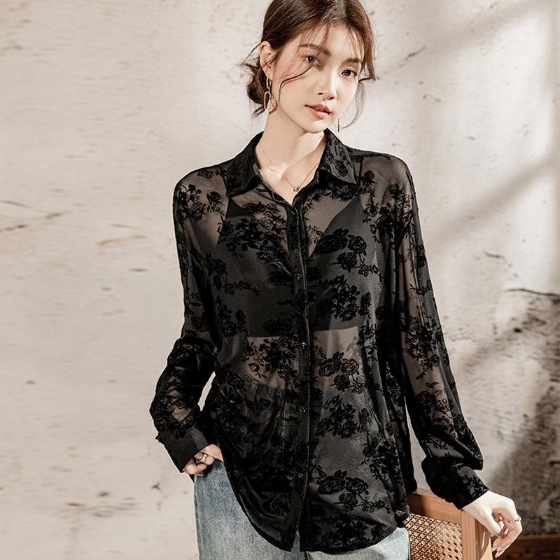 花朵植绒透视性感衬衫女长袖2025春夏季防晒网纱上衣女装黑色罩衫