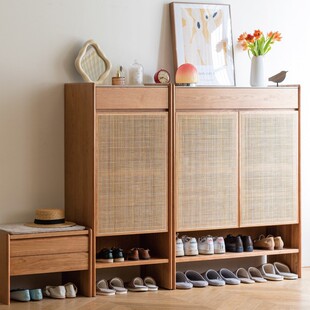 二黑木作 跳跳鞋柜第2代 实木藤编玄关柜日式复古收纳门厅小户型