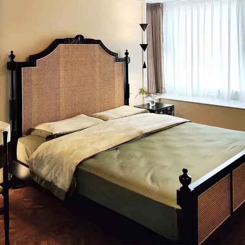 赫本床法式复古民宿酒店藤编双人床家用现代简约1.8米实木主卧床