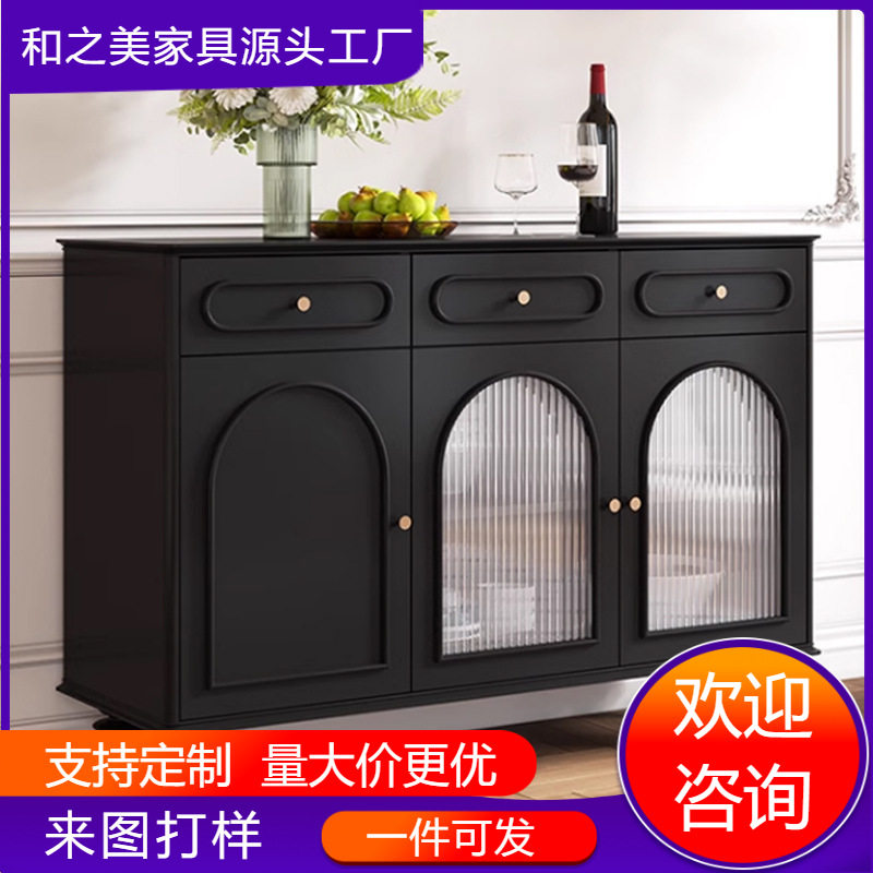 法式中古风黑色餐边柜实木储物柜置物柜餐碗收纳柜阳台茶水柜美式