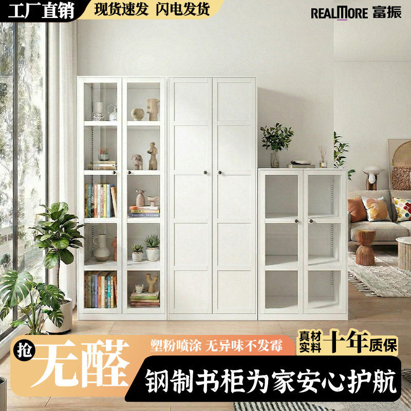 家用钢制书柜落地带门防尘玻璃高级感简易客厅组合铁艺收纳储物柜