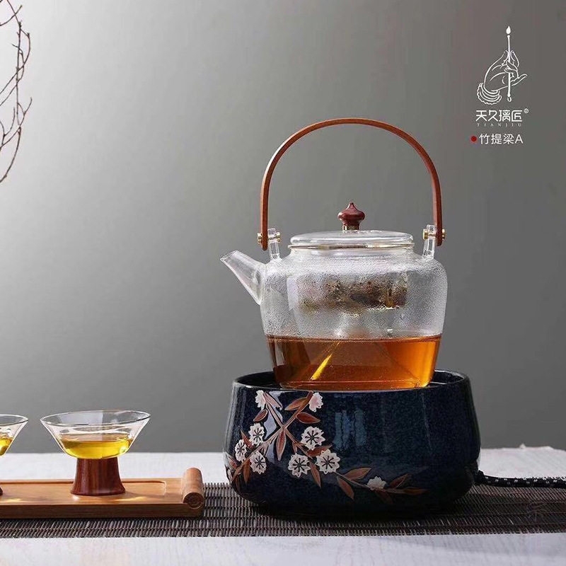 天久璃匠 1000ml竹提梁蒸煮茶壶 茶室高硼硅耐高温玻璃壶煮水壶