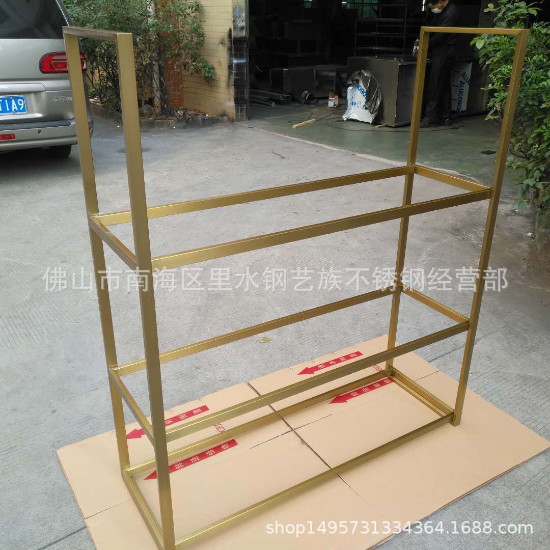 不锈钢展示道具 高档服装店玫瑰金中岛挂衣架 不锈钢层板吊架