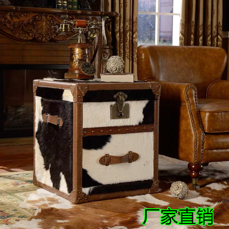 美式复古黑白皮箱储物边几床头柜