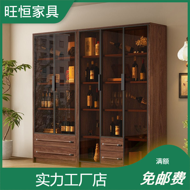 黑胡桃木实木玻璃门书柜客厅靠墙展示柜带灯储物组合柜小户型酒柜