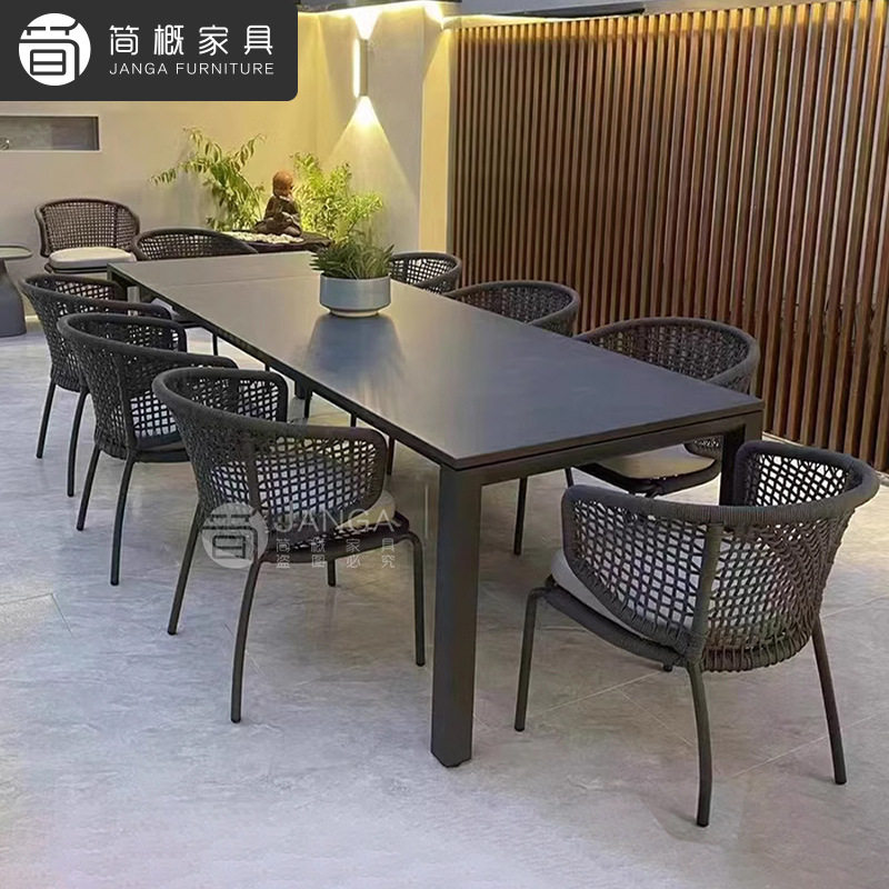 户外庭院桌椅别墅花园露台可伸缩长桌家具露天柚木长桌阳台藤椅