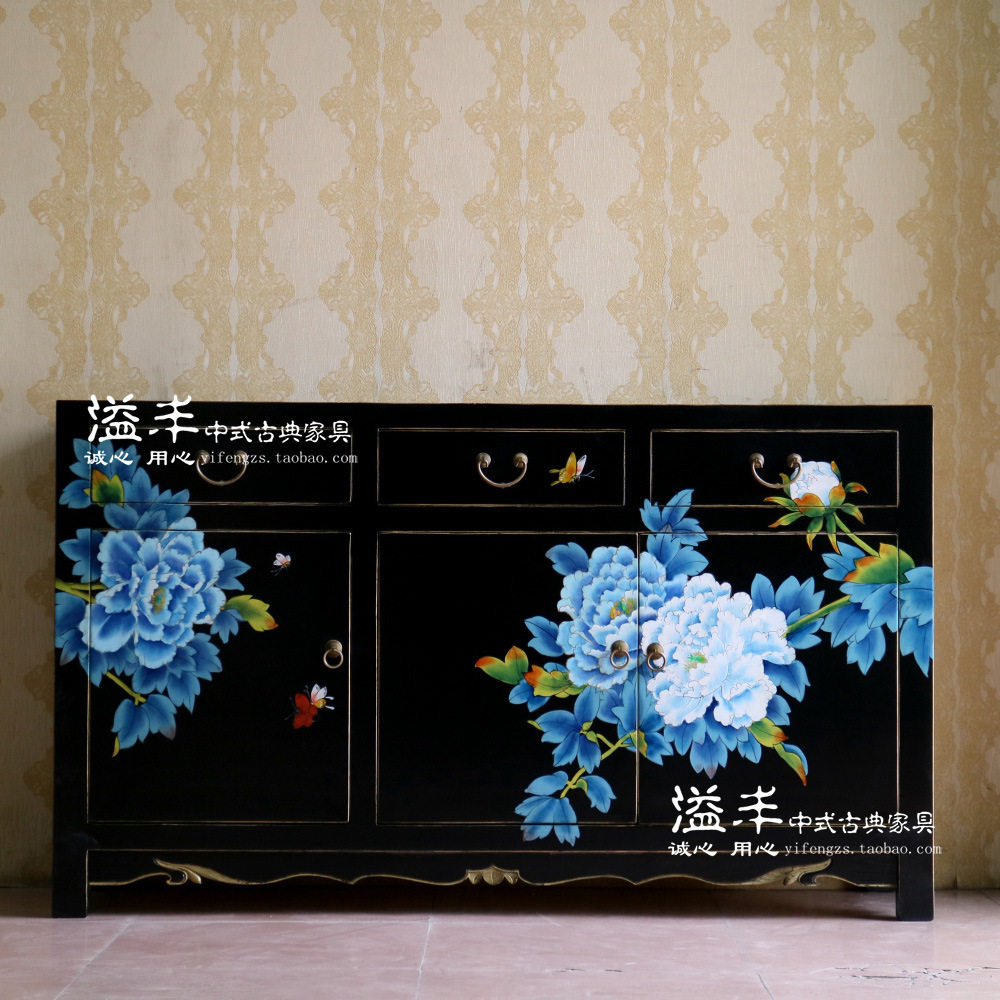 现代新中式仿古典实木手工彩绘餐边柜复古做旧茶水柜储物玄关橱柜