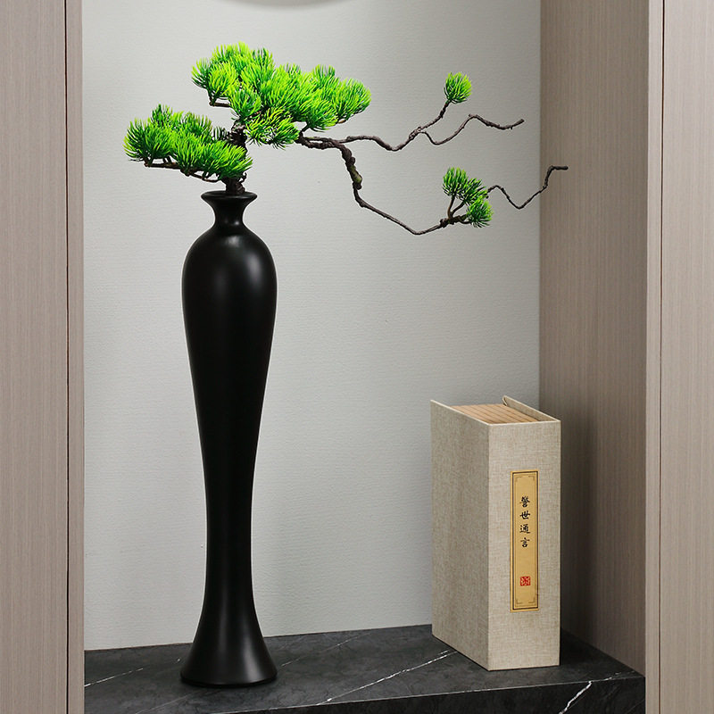 现代简约意式黑白细长花瓶迎客松家居客厅玄关瘦高柜子装饰品摆件