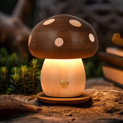 创意ins实木蘑菇小夜灯氛围灯床头灯摆件榉木儿童LED台灯女生礼物