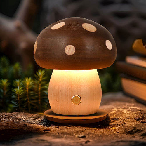 创意ins实木蘑菇小夜灯氛围灯床头灯摆件榉木儿童LED台灯女生礼物