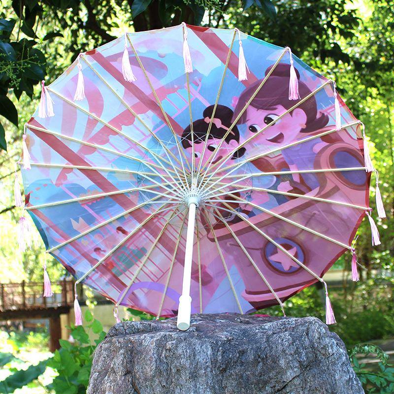 印花儿童卡通绸布流苏伞古风汉服古装舞蹈表演装饰绸布工艺伞