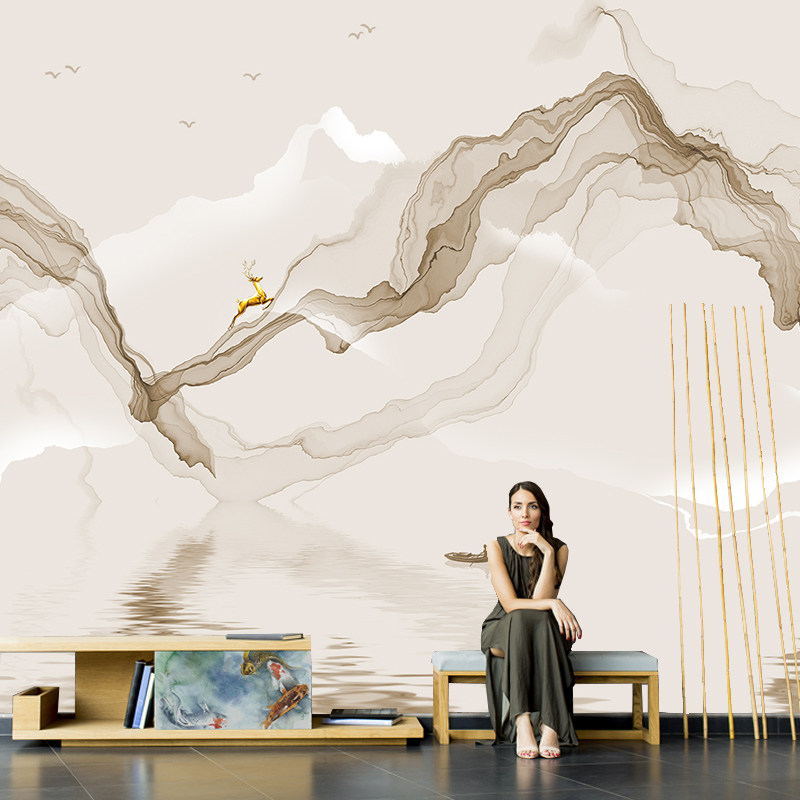 抽象中式水墨山水壁画客厅电视背景墙壁纸影视墙沙发无缝墙纸墙布