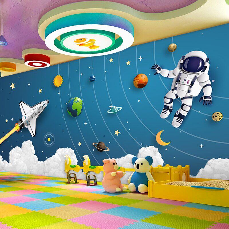 儿童房壁纸卡通太空男孩卧室床头墙布宇宙飞船星空少儿背景墙壁纸