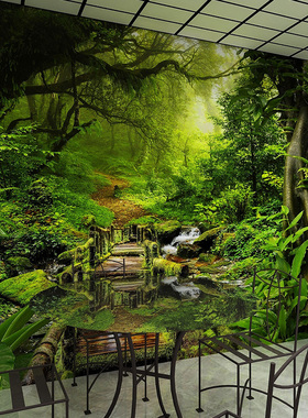 田园绿色树木壁画3D自然风景背景墙布客厅沙发立体延伸森林壁布