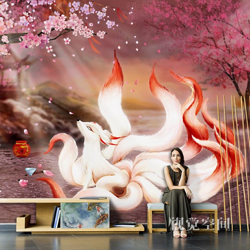 国潮风网红墙纸九尾狐壁画古风壁纸直播间电视背景墙壁布定制墙布,家装主材,定制壁画,淘宝优惠券,粉丝福利购,淘宝优惠卷