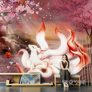 国潮风网红墙纸九尾狐壁画古风壁纸直播间电视背景墙壁布定制墙布