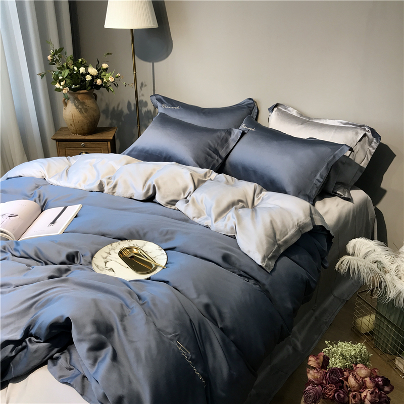 欧式简约纯色60支双面天丝四件套丝滑凉感撞色刺绣被套床上用品夏