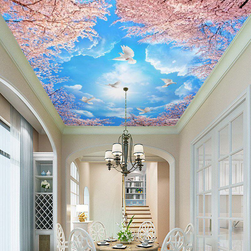 粉色天空客厅吊顶壁画蓝天白云顶棚墙布酒店大堂壁纸鸽子天顶墙纸