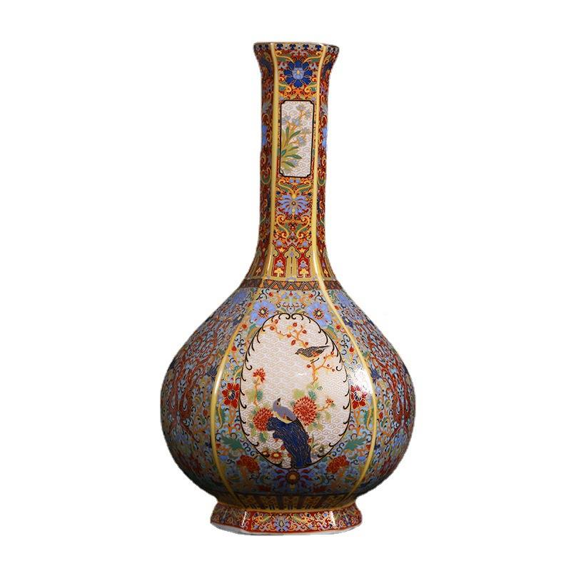 仿古中式琅彩珐开花鸟胆瓶瓷窗UBA器景德镇家居客厅装饰件工艺摆
