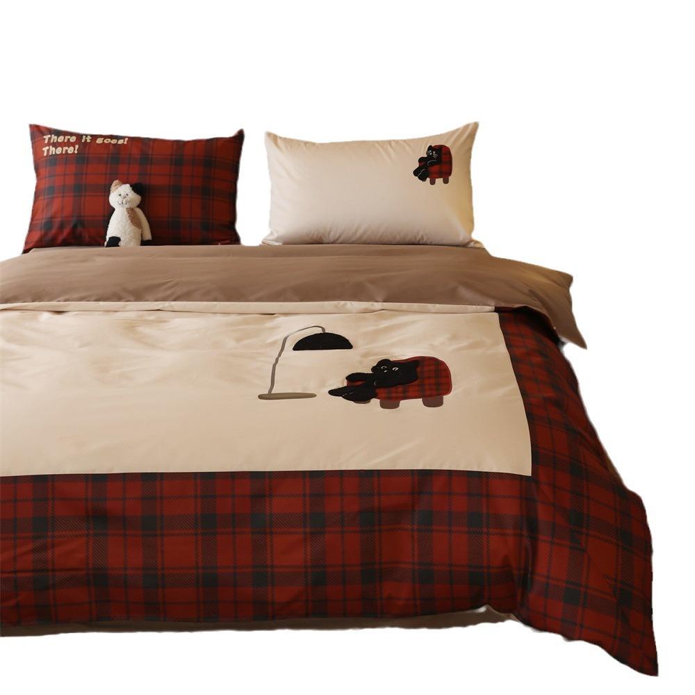 诞可红复古格纹套卡PARK通刺绣长绒棉四件套圣爱纯棉床单被床品