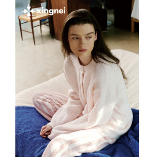 形内睡衣女保暖半边绒加厚冬季条纹套装2025新款条纹冬装家居服